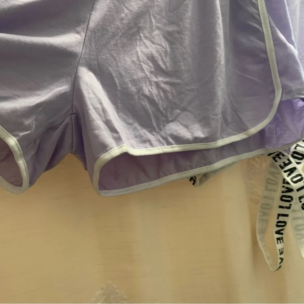 Lavender Contrast Binding Letter Tape Crop Top & Dolphin Shorts Lounge Set NWOT
